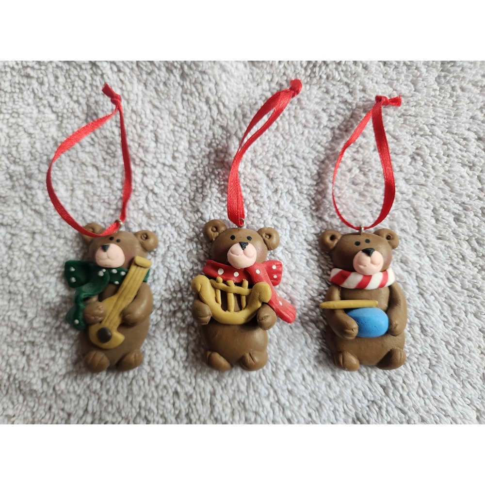 Vintage 1990's Polymer Clay Musical Teddy Bear Christmas Ornaments 3 Brown‎ Red